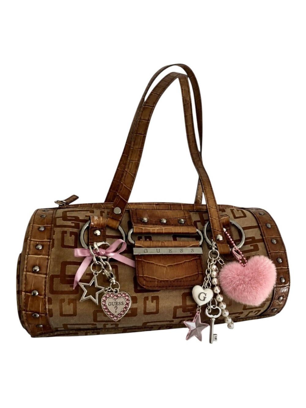 Guess Rare Vintage Y2K Big G Logo Brown Canvas Monogram Faux Leather Purse👜🤎